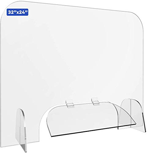 Sneeze Guard, 32" x 24" Protective Self-Standing Plexiglass Shield Scratch Resistant Barrier with Transaction 18" x 6" Window Flap for Receptionist, Checkout Counter, and Offices