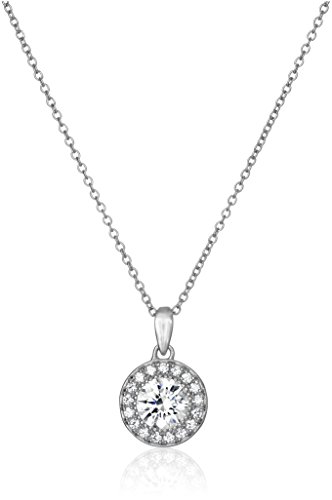 Platinum Plated Sterling Silver Halo Pendant Necklace set with Round Cut Swarovski Zirconia, 16"