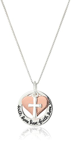 Two-Tone Sterling Silver and Rose Gold-Flashed "Faith Hope Love" Cross Charm Pendant Necklace, 18"