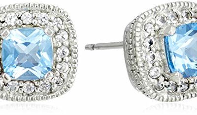 Sterling Silver Genuine Swiss Blue Topaz and Created White Sapphire Halo Cushion Stud Earrings