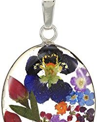 Sterling Silver Multi Pressed Flower Oval Pendant Necklace, 18"