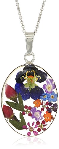 Sterling Silver Multi Pressed Flower Oval Pendant Necklace, 18"