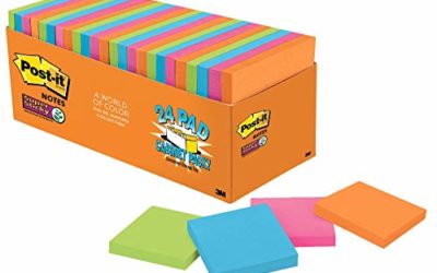 Post-it Super Sticky Notes, 3 in x 3 in, 24 Pads, 2x the Sticking Power, Rio de Janeiro Collection, Bright Colors (Orange, Pink, Blue, Green), Recyclable (654-24SSAU-CP)
