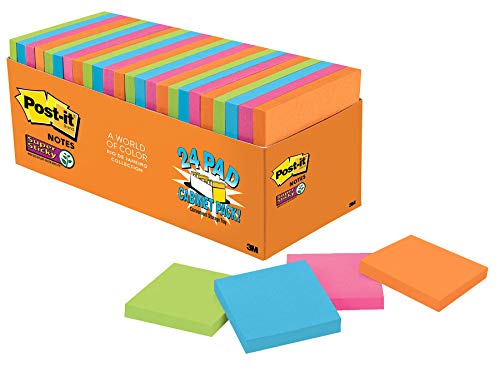 Post-it Super Sticky Notes, 3 in x 3 in, 24 Pads, 2x the Sticking Power, Rio de Janeiro Collection, Bright Colors (Orange, Pink, Blue, Green), Recyclable (654-24SSAU-CP)