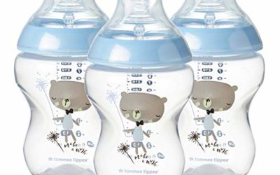 Tommee Tippee Closer to Nature Baby Bottle Decorated Blue, Anti-Colic Valve, Breast-Like Nipple, Slow Flow, BPA-Free – 0+ Months, 9 Ounce, 3 Count (Design May Vary) (522596)