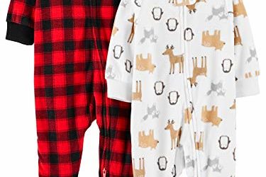 Simple Joys by Carter's Baby 2-Pack Fleece Footed Sleep and Play, Buffalo Check/Animals, 0-3 Months