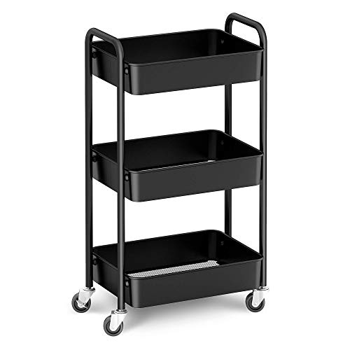 CAXXA 3-Tier Rolling Metal Storage Organizer – Mobile Utility Cart with Caster Wheels (Black)