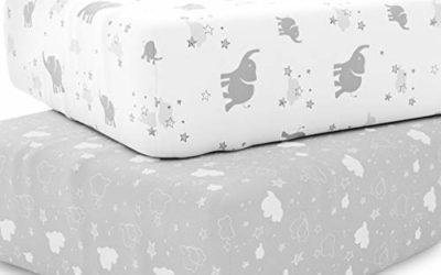 Crib Sheet Set Unisex- Universal Fitted Crib Sheets for Standard Baby or Toddler Mattress – 2 Pack – White Sheets – Jersey Knit Cotton – Super Soft and Safe for Babies Elephants, Stars, Clouds