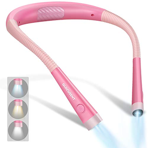 Glocusent LED Neck Reading Light, Book Light for Reading in Bed, 3 Colors, 6 Brightness Levels, Bendable Arms, Rechargeable, Long Lasting, Pink, Perfect for Reading, Knitting, Camping, Repairing