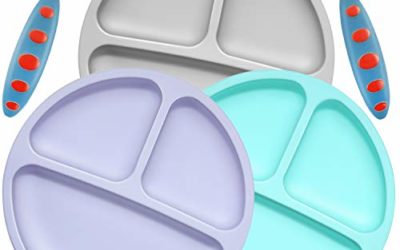 PandaEar Divided Unbreakable Silicone Baby and Toddler Plates – 3 Pack – Non-Slip – Dishwasher and Microwave Safe Silicone Blue Purple Grey