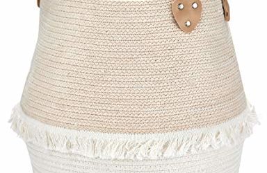 LA JOLIE MUSE Rope Basket Woven Storage Basket – Laundry Basket Large 16 x 15 x 12 Inches Cotton Blanket Organizer, Baby Nursery Containers White Home Decor Gift