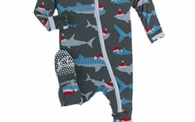 KicKee Pants Print Footie with Zipper, Fitting Long Sleeve Pajama Baby Bodysuit, Ultra Soft Everyday Onesie Loungewear, Baby Clothes for Boys and Girls (Pewter Santa Sharks – 9-12 Months (Infant))