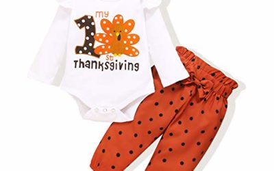 Thanksgiving Baby Girl Clothes 6-12 Months Toddler Girl Clothes Ruffle Sleeve Top Romper Infant Outfits Suit My First Thanksgiving Day + Long Pant +Headband 3PC Outfit Sunsuit Cute 6-12M