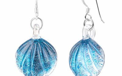 925 Sterling Silver Hand Blown Venetian Murano Glass Blue Clear Sea Shell Shaped Dangle Earrings