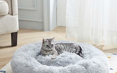 SUNSTYLE Soft Plush Round Pet Bed for Cats Or Small Dogs Cat Bed Self Warming Autumn Winter Indoor Sleeping Cozy Pet Bed for Small Dogs and Cats Donut Anti Slip Bottom (M(24"x24"), Gray)