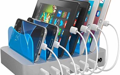 Hercules Tuff Charging Station for Multiple Devices (Silver) – 6 Short Mixed Cables Included for Cell Phones, Smart Phones, Tablets, and Other Electronics – Multi Charger Organizer Docking Station