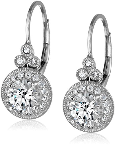 Platinum Plated Sterling Silver Antique Drop Earrings set with Round Cut Swarovski Zirconia (3.5 cttw)