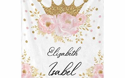 Yeshop Personalized Pink Blush Floral Gold Crown Princess Girl Nursery Baby Blanket Super Soft for Boy & Girl, Custom Fleece Blanket with Your Name Birthday Baby Shower Wedding Gift 30×40 Inches