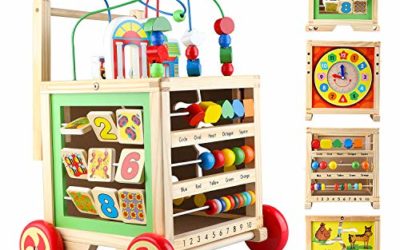Wooden Activity Cube Toys with Bead Maze Baby Clocks Shape Sorter Abacus 6 in 1 Play Baby Push and Pull Learning Walker Educational Toys for Baby Kid Gifts for 12 Month 1st Birthday Girls Boys