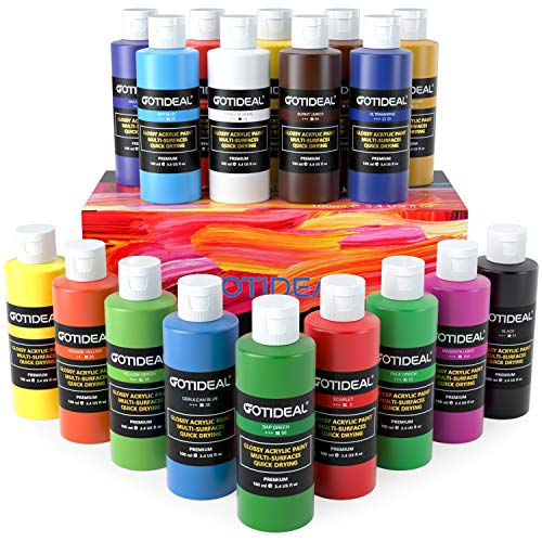 GOTIDEAL Acrylic Paint Set, 18 Colors/Tubes(100ml, 3.4 oz) Non Toxic Non Fading,Rich Pigments for Artist, Hobby Painters, Adults & Kids, Ideal for Canvas Wood Clay Fabric Ceramic Craft Oil Paint