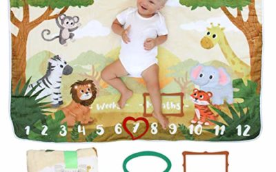 Baby Monthly Milestone Blanket | Newborn Photo Mat for Boy or Girl, Unisex | Personalized Shower Gifts | Safari and Jungle Theme | Soft and Thick | Monthly Picture Blanket | Track Age and Growth