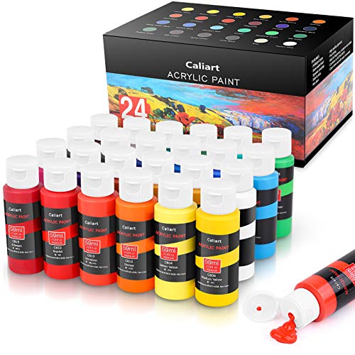 Acrylic Paint Set, Caliart 24 Vivid Colors (59ml, 2oz) Art Craft Paint Supplies for Canvas Wood Ceramic Rock Painting, Rich Pigments Non Toxic Paints for Kids Beginners Students Adults Artist Painter