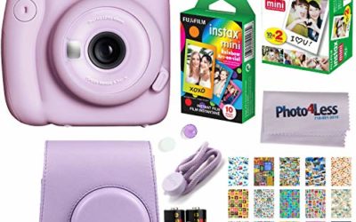 Fujifilm Instax Mini 11 Instant Camera – Lilac Purple (16654803) + Fujifilm Instax Mini Twin Pack Instant Film (16437396) + Single Pack Rainbow Film + Case + Travel Stickers