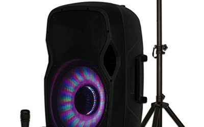 Acoustic Audio by Goldwood Bluetooth LED Light Display Speaker Set – Includes Microphone, Remote Control, and Stand – 15 Inch Portable Sound System, 1000W – AA15LBS, Black, 16 x 14 x 27 Inches