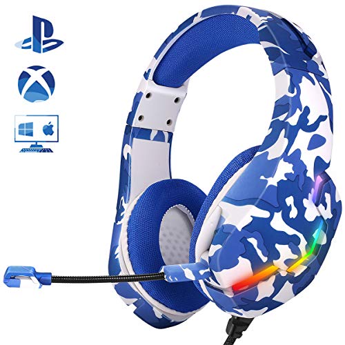 Gaming Headset PS4 Headset, Xbox One Headset with Noise Canceling Gaming Headphones Stereo Sound Headphones with Bass Surround, Soft Memory Earmuffs for PS4, MAC, PC, Xbox One (Navy Blue)