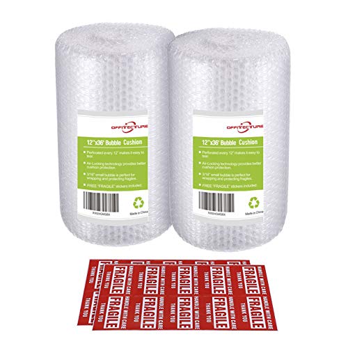 2-Pack Bubble Cushioning Wrap Rolls, 3/16" Air Bubble, 12 Inch x 72 Feet Total, Perforated Every 12", 20 Fragile Stickers Included