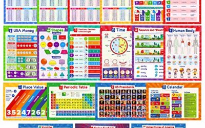 19 Educational Posters for Kids – Multiplication Chart Table, Periodic Table, USA Map, World Map, Solar System, Days of the Week, Division, Addition, Homeschool Supplies, Classroom Decorations – 19×13