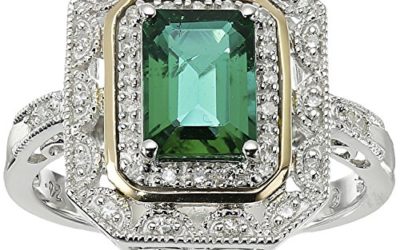 Sterling Silver and 14k Yellow Gold Emerald Cut Created Emerald and Diamond Accent Art Deco-Style Ring, Size 7