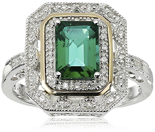 Sterling Silver and 14k Yellow Gold Emerald Cut Created Emerald and Diamond Accent Art Deco-Style Ring, Size 7