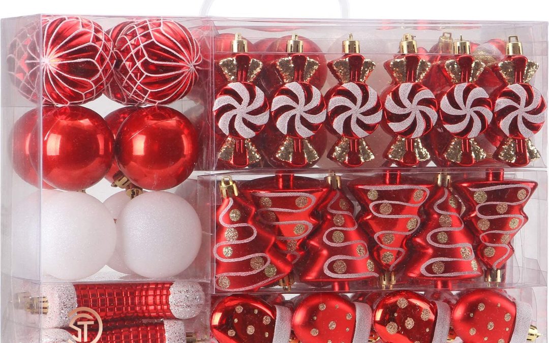 Sea Team 77-Pack Assorted Shatterproof Christmas Balls Christmas Ornaments Set Decorative Baubles Pendants with Reusable Hand-held Gift Package for Xmas Tree (Red)