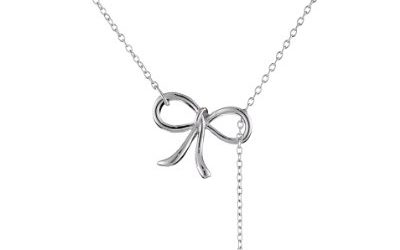 Sterling Silver Cubic Zirconia Bow and Pave Heart Lariat Necklace, 16.5" + 2" Extender