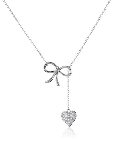 Sterling Silver Cubic Zirconia Bow and Pave Heart Lariat Necklace, 16.5" + 2" Extender