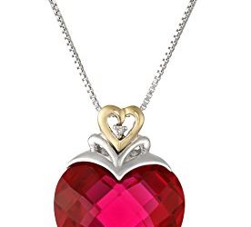 Sterling Silver and 14k Yellow Gold Created Ruby Heart and Diamond-Accent Pendant Necklace, (.006 cttw, I-J Color, I2-I3 Clarity), 18"