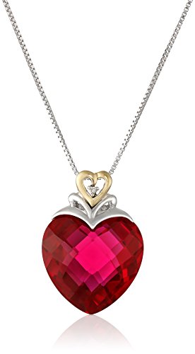 Sterling Silver and 14k Yellow Gold Created Ruby Heart and Diamond-Accent Pendant Necklace, (.006 cttw, I-J Color, I2-I3 Clarity), 18"