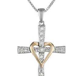 Sterling Silver and 14k Yellow Gold Diamond Cross and Heart Pendant Necklace, 18"