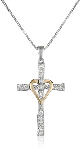 Sterling Silver and 14k Yellow Gold Diamond Cross and Heart Pendant Necklace, 18"