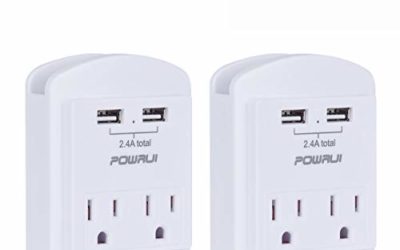 USB Wall Charger, Small Surge Protector, POWRUI USB Outlet with 2 USB Ports (2.4A Total) and Top Phone Holder for Apple, iPhone, iPad, Samsung, 1080Joules, White (2-Pack), ETL Certified