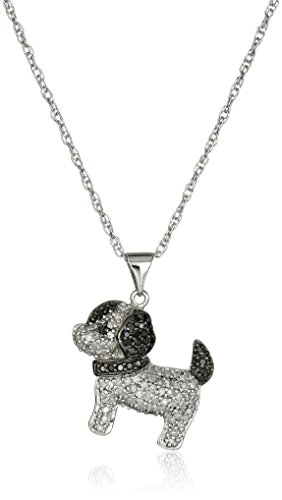 Sterling Silver White and Black Diamond Puppy Dog Pendant Necklace (1/2 cttw), 18"