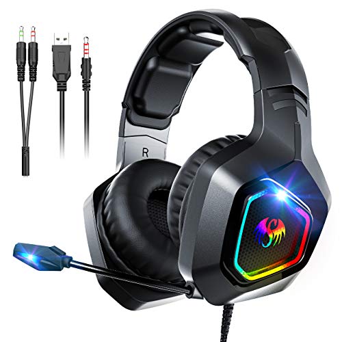 Gaming Headsets for PS4 Snoky, Over Ear Headphones with Noise Canceling Microphone RGB Light and Stereo Surround Sound, Compatible with PC, Xbox One, Laptop