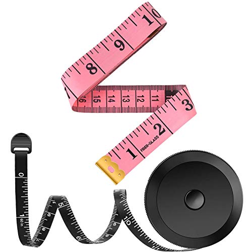 2 Pack Tape Measure Measuring Tape for Body Fabric Sewing Tailor Cloth Knitting Home Craft Measurements, 60-Inch Soft Fashion Pink & Retractable Black Tape Measure Body Measuring Tape Set, Dual Sided