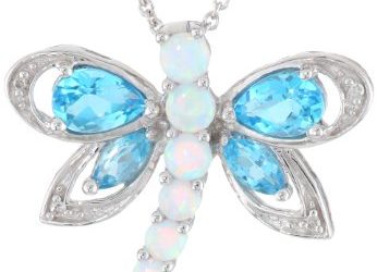 Jewelili Sterling Silver Multi-Gems and Genuine White Diamond Dragonfly Pendant Necklace, 18" Rolo chain
