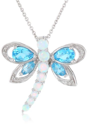 Jewelili Sterling Silver Multi-Gems and Genuine White Diamond Dragonfly Pendant Necklace, 18" Rolo chain