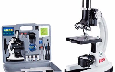 AmScope 120X-1200X 52-pcs Kids Beginner Microscope STEM Kit with Metal Body Microscope, Plastic Slides, LED Light and Carrying Box (M30-ABS-KT2-W),White