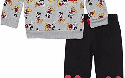 Disney Baby Boys' Mickey Mouse 2 Piece Jogger Set – Fleece Pullover Crew Neck Sweatshirt & Sweatpants Set (Infant), Grey/Black, Size 18 Months