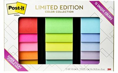Post-it Notes Limited Edition Super Sticky Color Collection, 3 in x 3 in, 15 Pads/Pack, 45 Sheets/Pad (654-15SSALL)