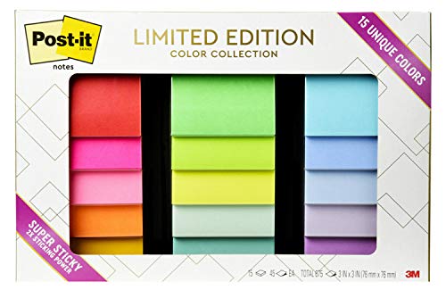 Post-it Notes Limited Edition Super Sticky Color Collection, 3 in x 3 in, 15 Pads/Pack, 45 Sheets/Pad (654-15SSALL)